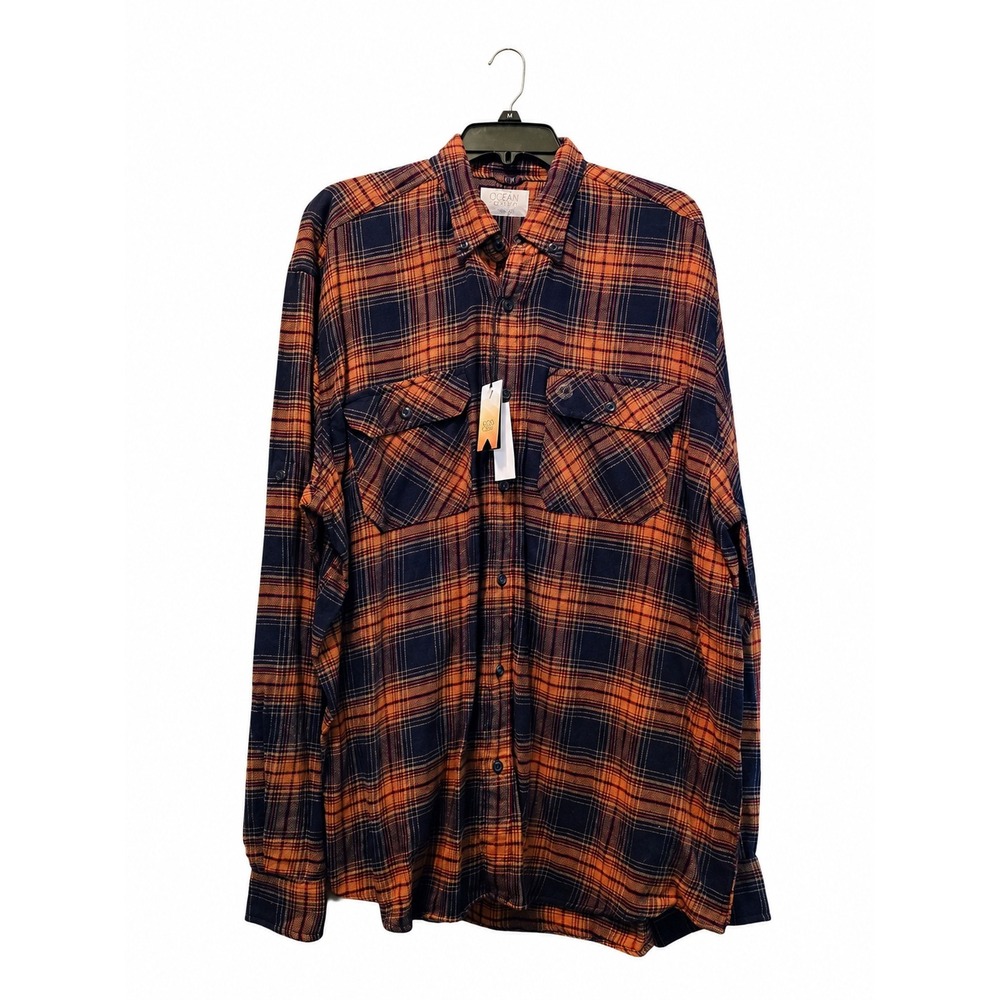 Ocean + Coast Men's XXL Plaid Flannel Shirt Orange Navy Button Down Cotton